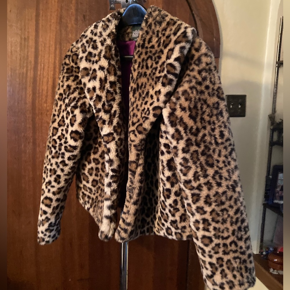 Leopard print faux fur coat